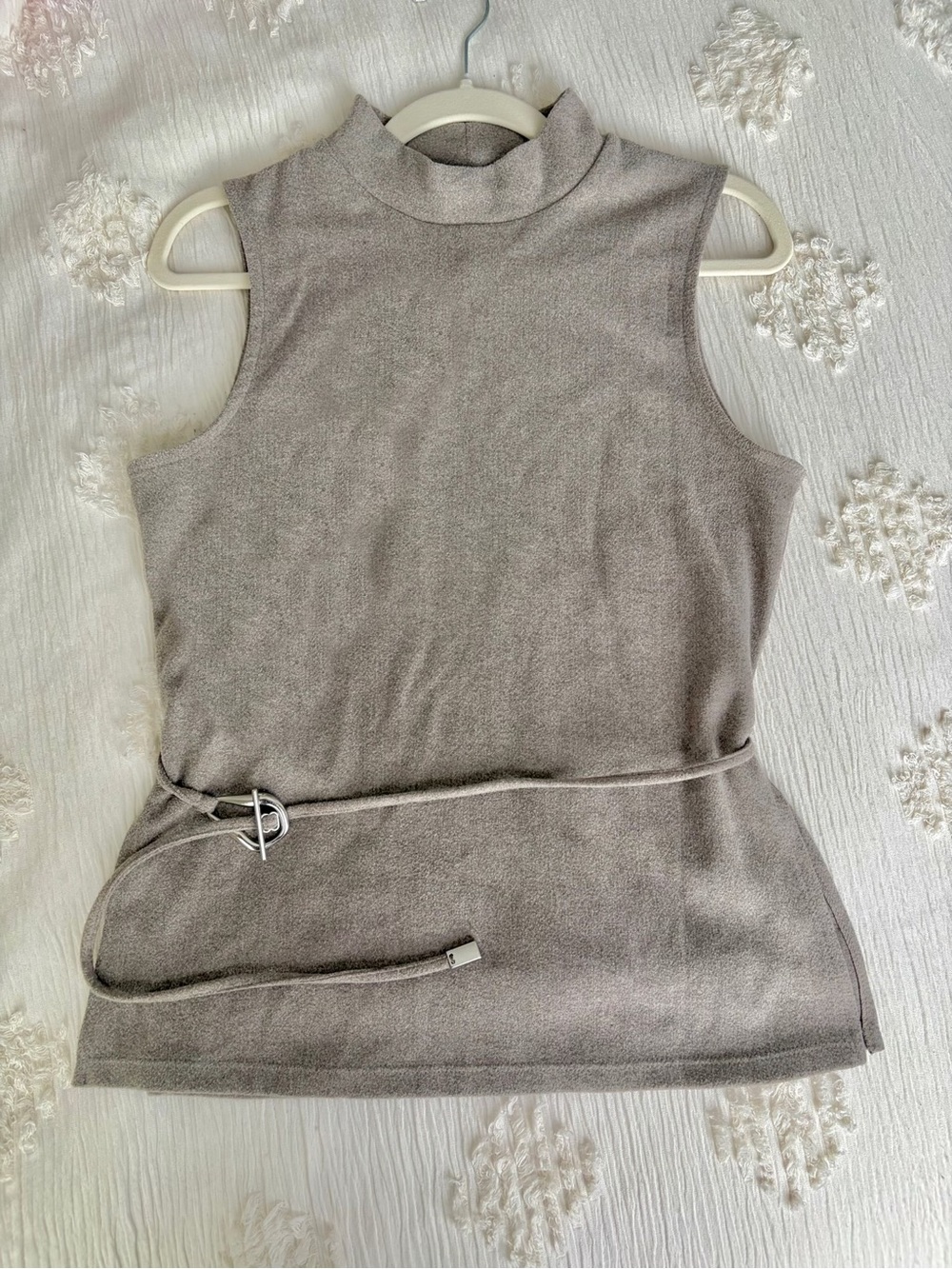 MANGO Sleeveless Mock Neck Waist-Belted Knit Top - Taupe
